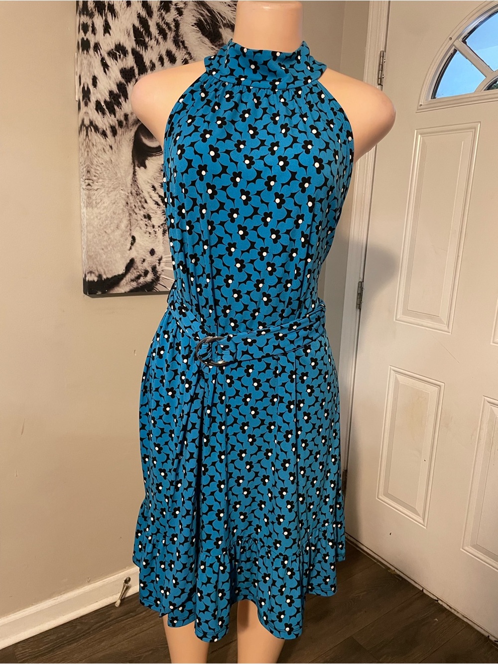 Michael Kors Halter sleeveless Dress A line daisy print o ring belt ruffle hem L